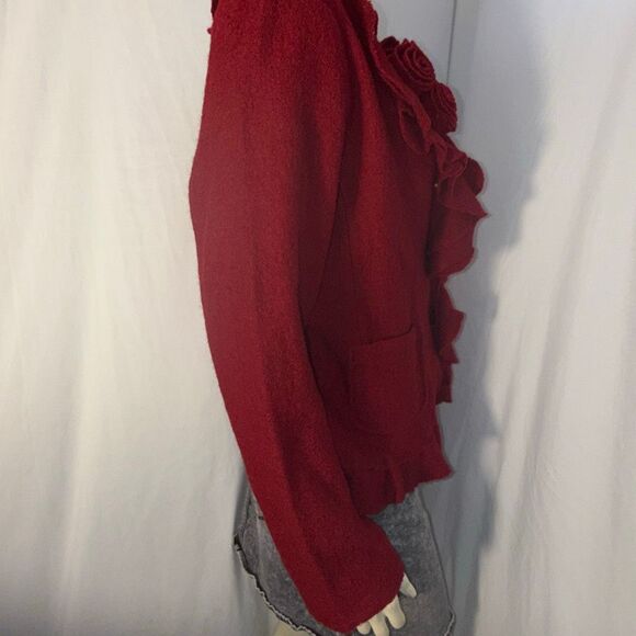 Susan Bristol 100% Wool Red Ruffle Rose Cardigan Jacket L — Textured Boho Cottag - Picture 4 of 12